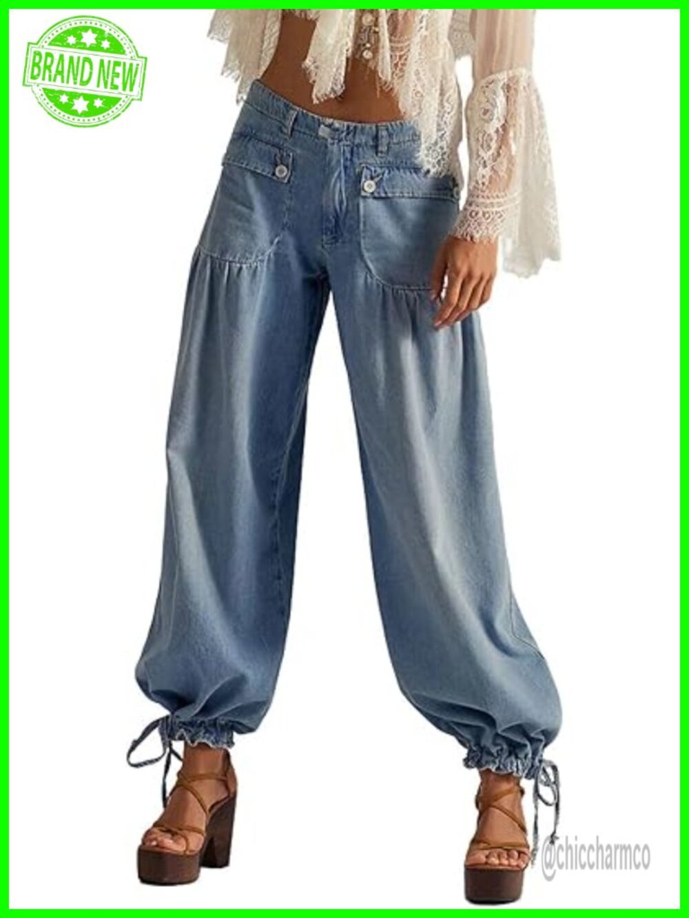 Baggy Harem Jeans Low Rise Adjustable Leg Straight Denim Pants Cargo Trousers